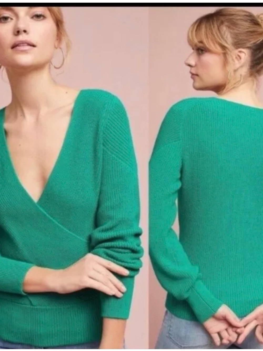 Anthropologie Moth Emerald Green V-Neck Faux Wrap Sweater - Size: LP